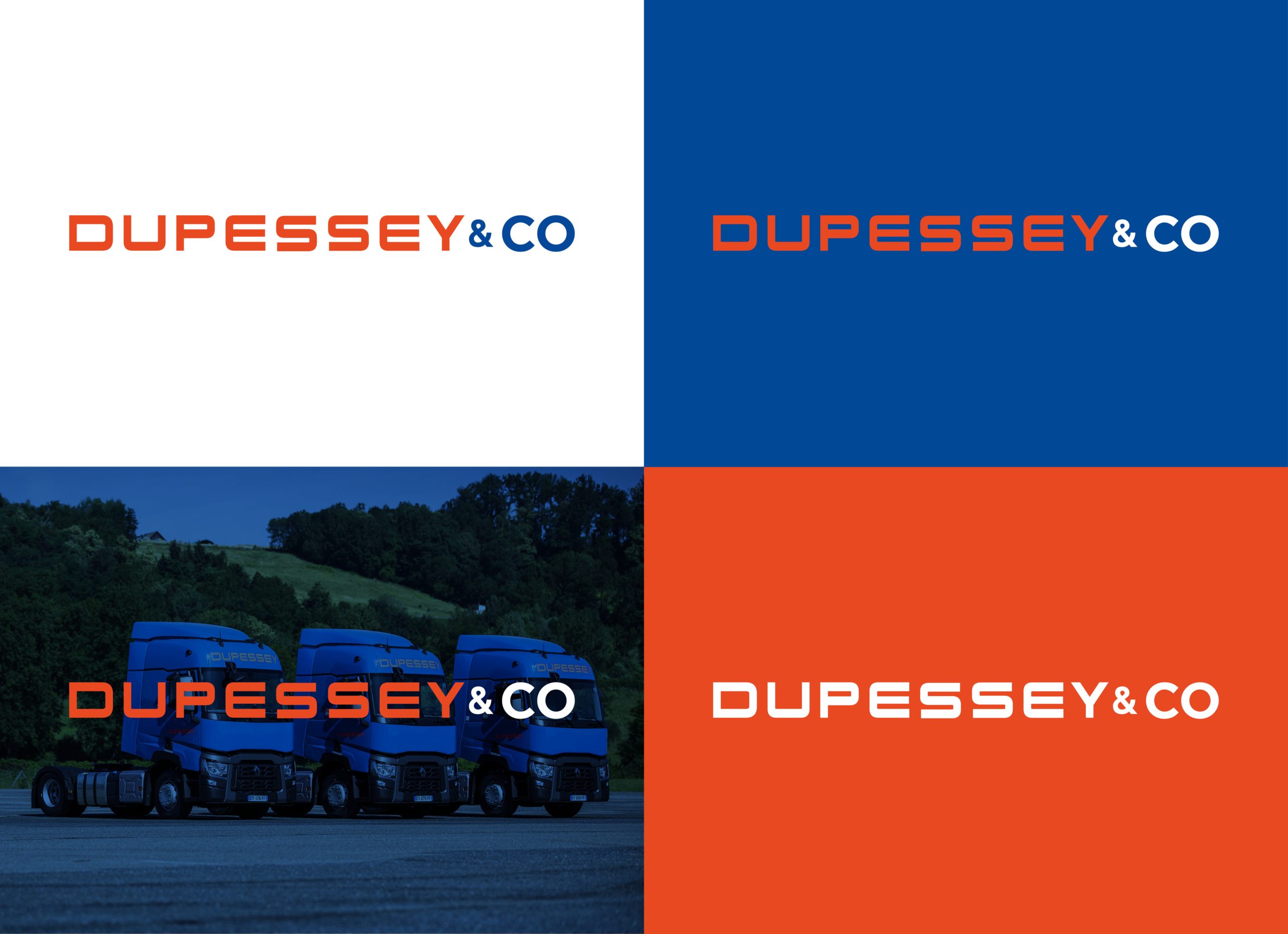 Image représentant les logos de Dupessey & Co découpés en quatre parties. La première partie montre un logo avec un fond blanc et une écriture orange et bleue à gauche, suivi d'un logo similaire avec un fond bleu à côté. La troisième partie montre le logo avec une image de camions en dessous à gauche, et enfin, la quatrième partie montre le même logo avec un fond orange et une écriture blanche à droite.