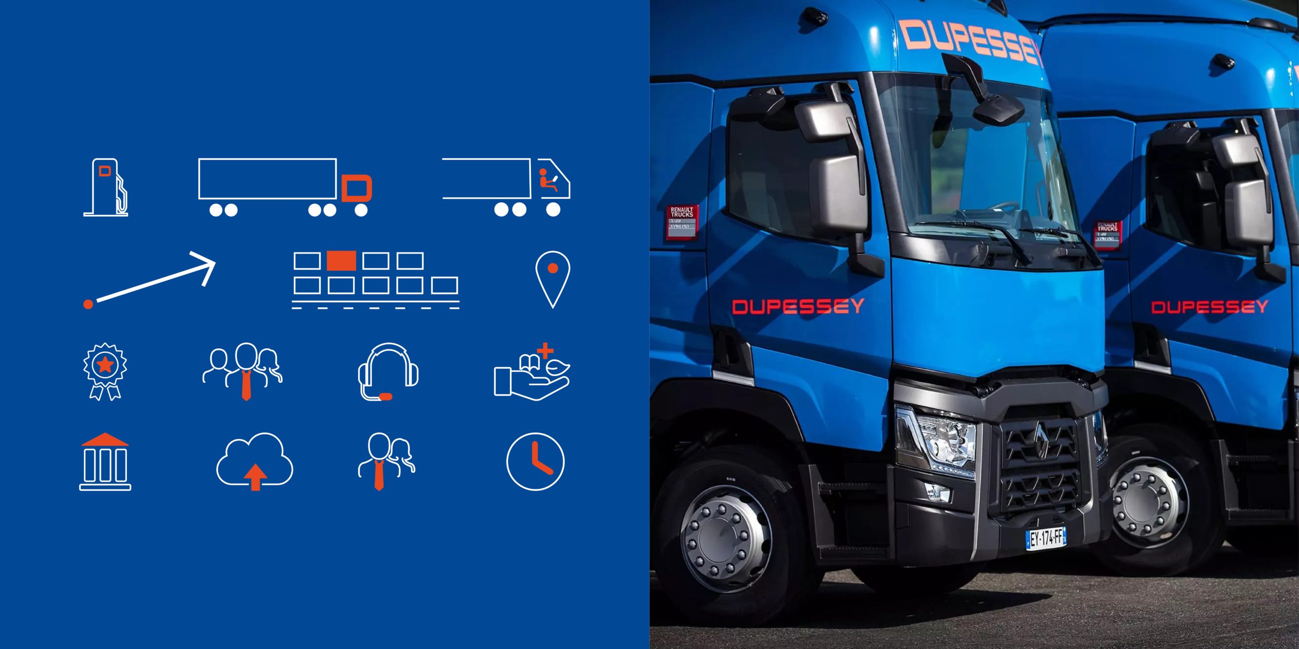 Il y a deux images. Dans la première image, à droite, on voit des pictogrammes. Dans la deuxième image, on voit des camions. Les camions ont un logo avec le nom "Dupessey" en orange écrit en majuscules.